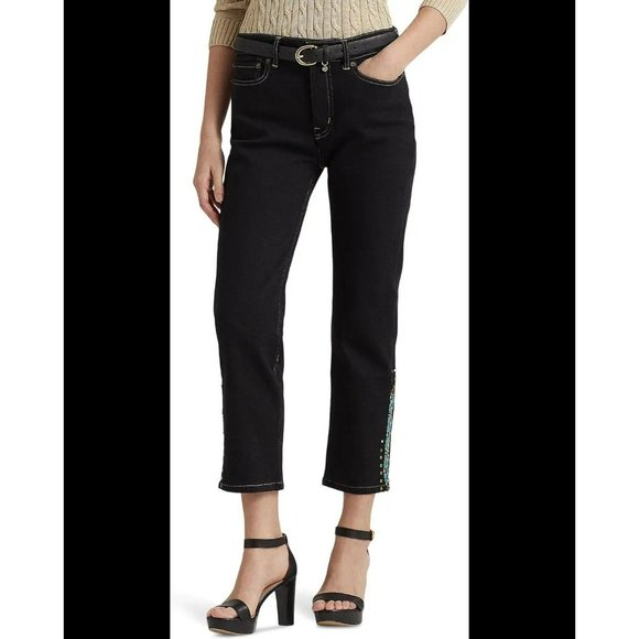 NWT Ralph Lauren Beaded High-Rise Straight Cropped Jeans in Black Rinse 28 - Picture 3 of 11